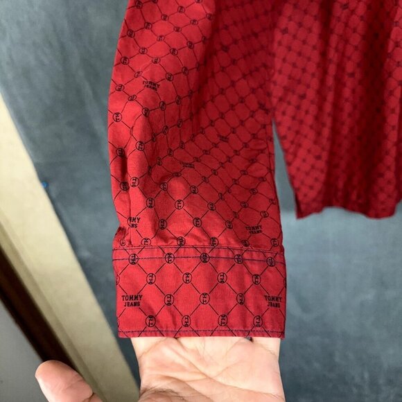 Y2K Tommy Jeans Shirt Mens XL Red Button Up Long Sleeve Logo - Picture 7 of 12
